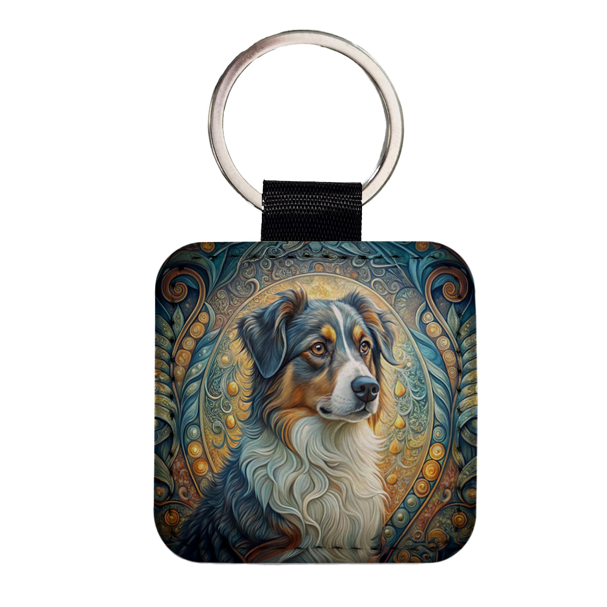 Australian Shepherd Dog Art Nouveau Square Faux Leather Keychain