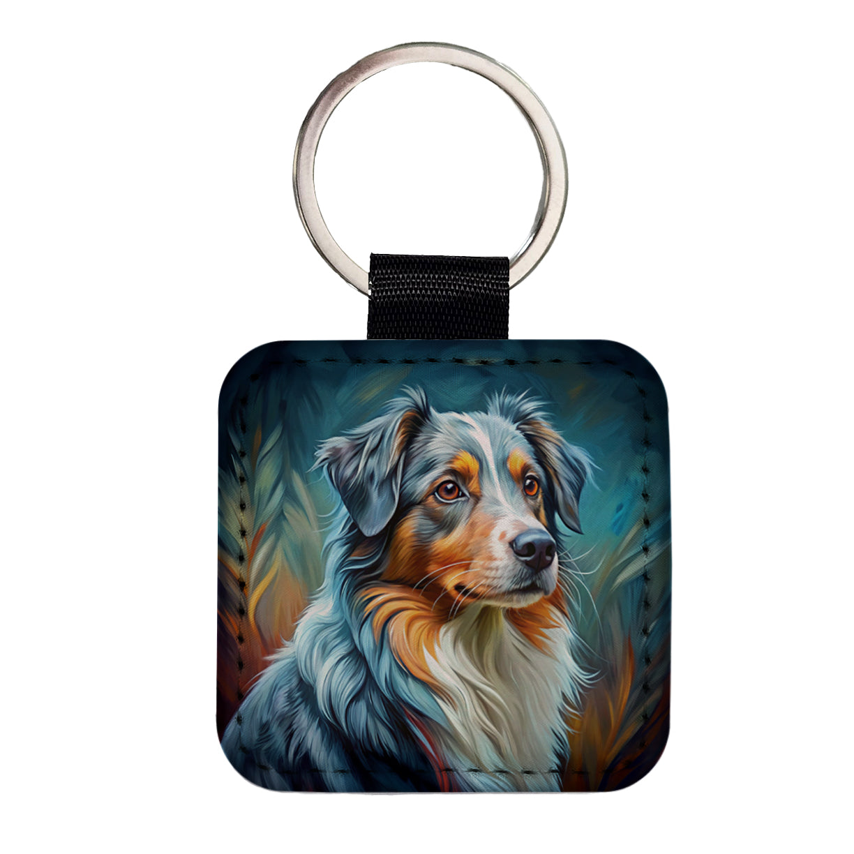 Australian Shepherd Dog Expressionism Art Square Faux Leather Keychain