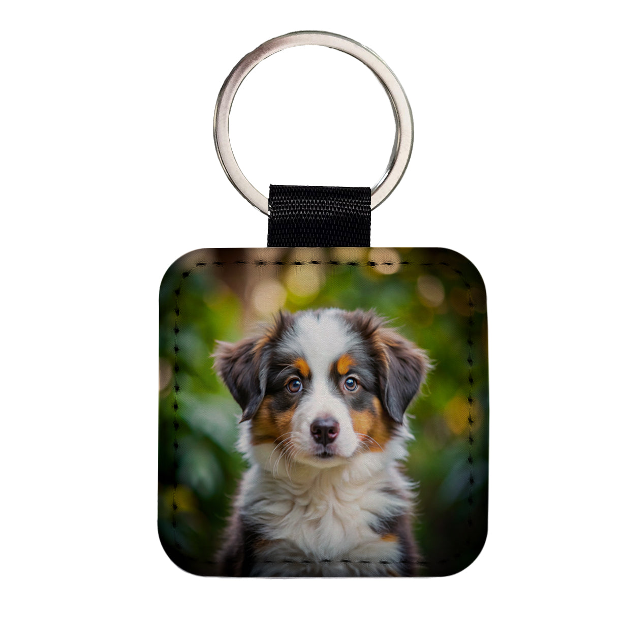 Australian Shepherd Dog Puppy Photo Square Faux Leather Keychain