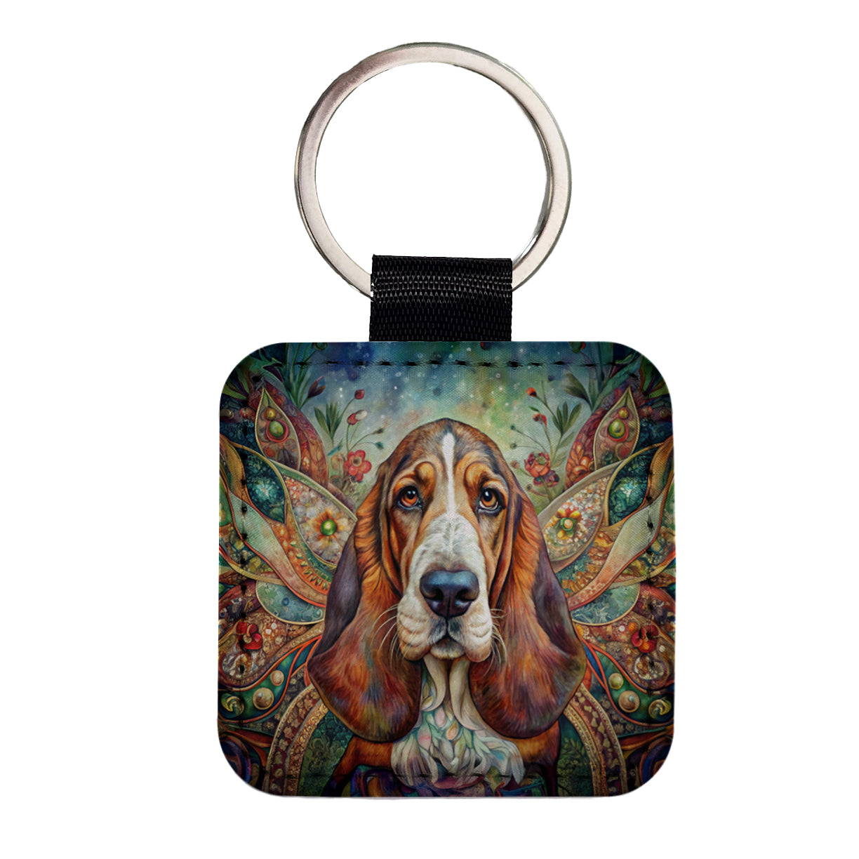 Basset Hound Dog Bohemian Art Square Faux Leather Keychain