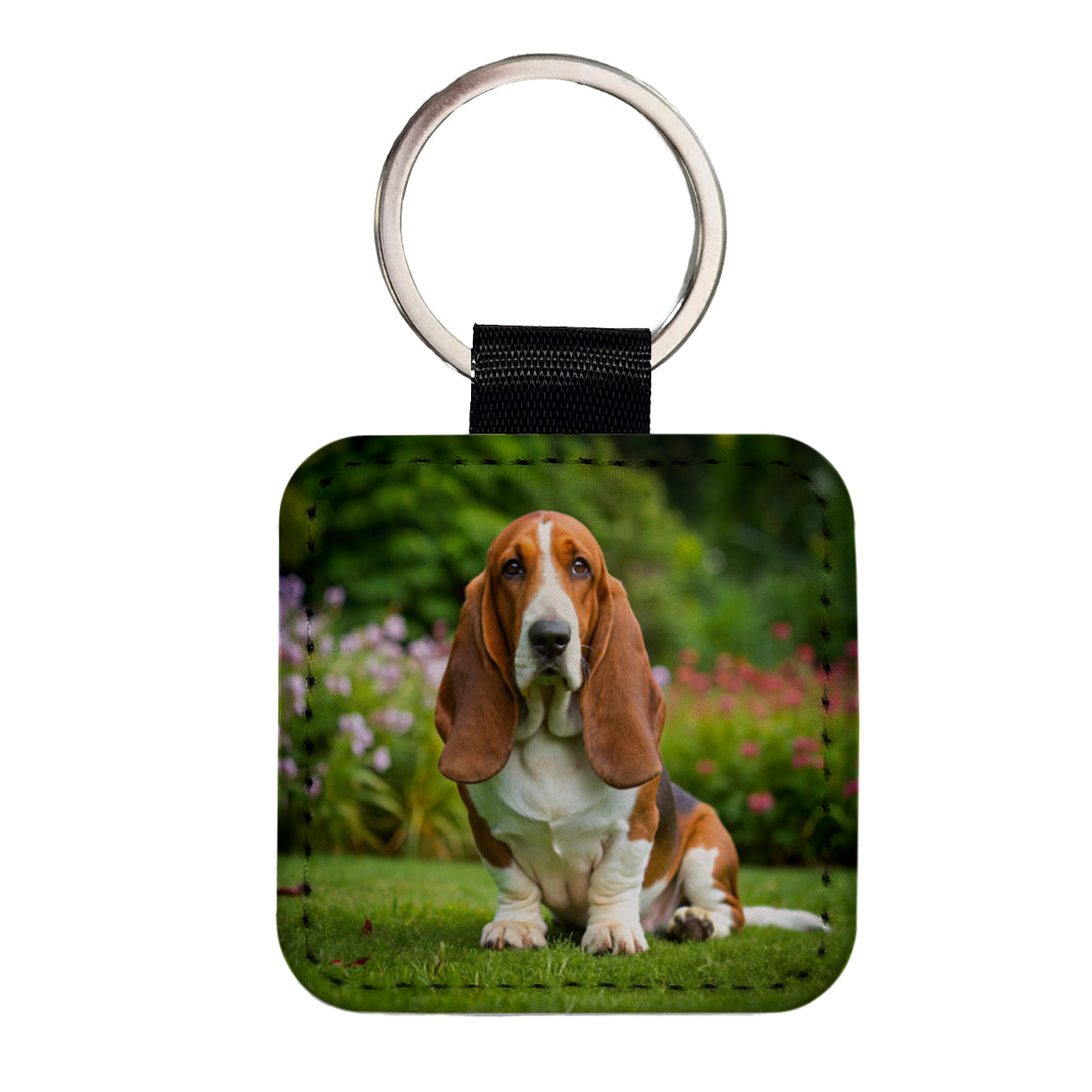 Basset Hound Dog Photo Square Faux Leather Keychain