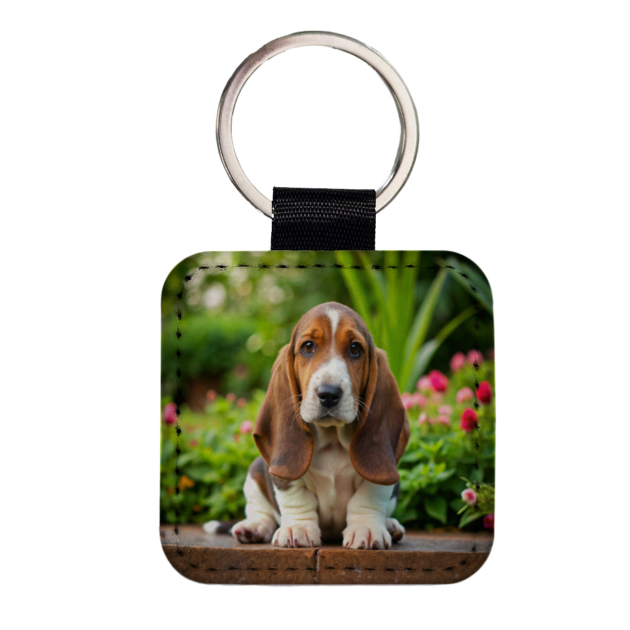 Basset Hound Dog Puppy Photo Square Faux Leather Keychain