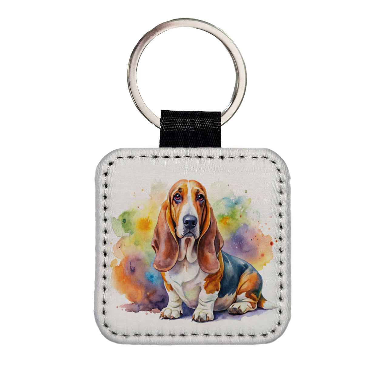 Basset Hound Dog Watercolor Style Square Faux Leather Keychain