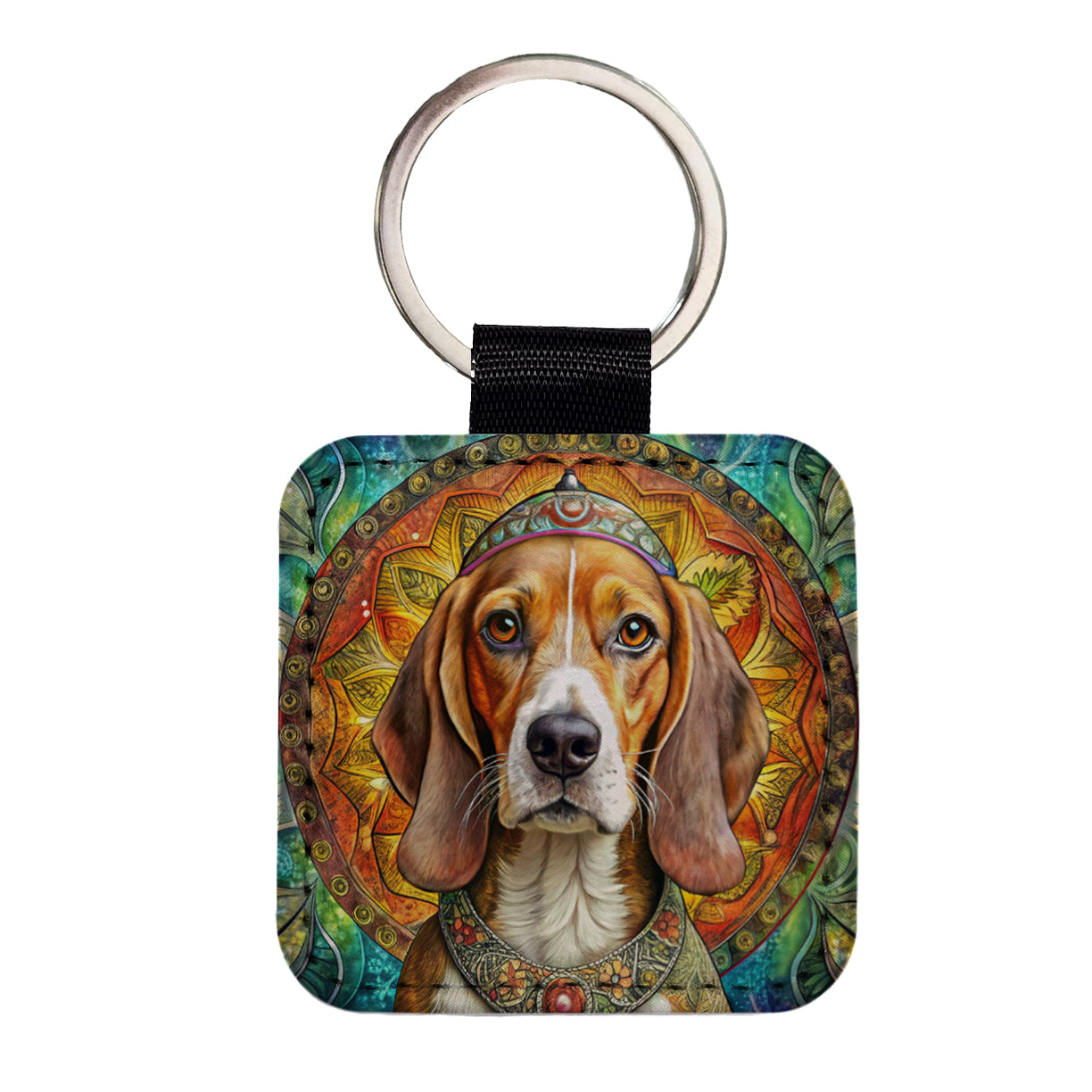 Beagle Dog Bohemian Art Square Faux Leather Keychain
