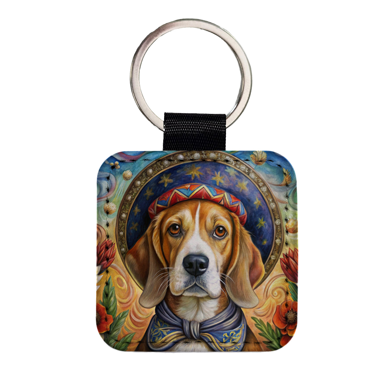 Beagle Dog French Bohemian Art Square Faux Leather Keychain