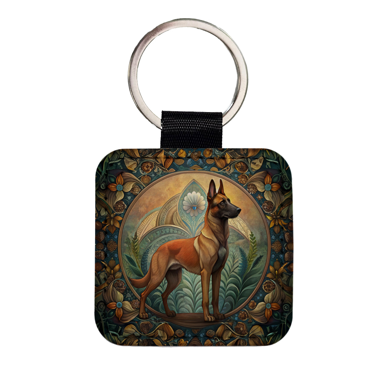 Belgian Malinois Dog Art Nouveau Square Faux Leather Keychain