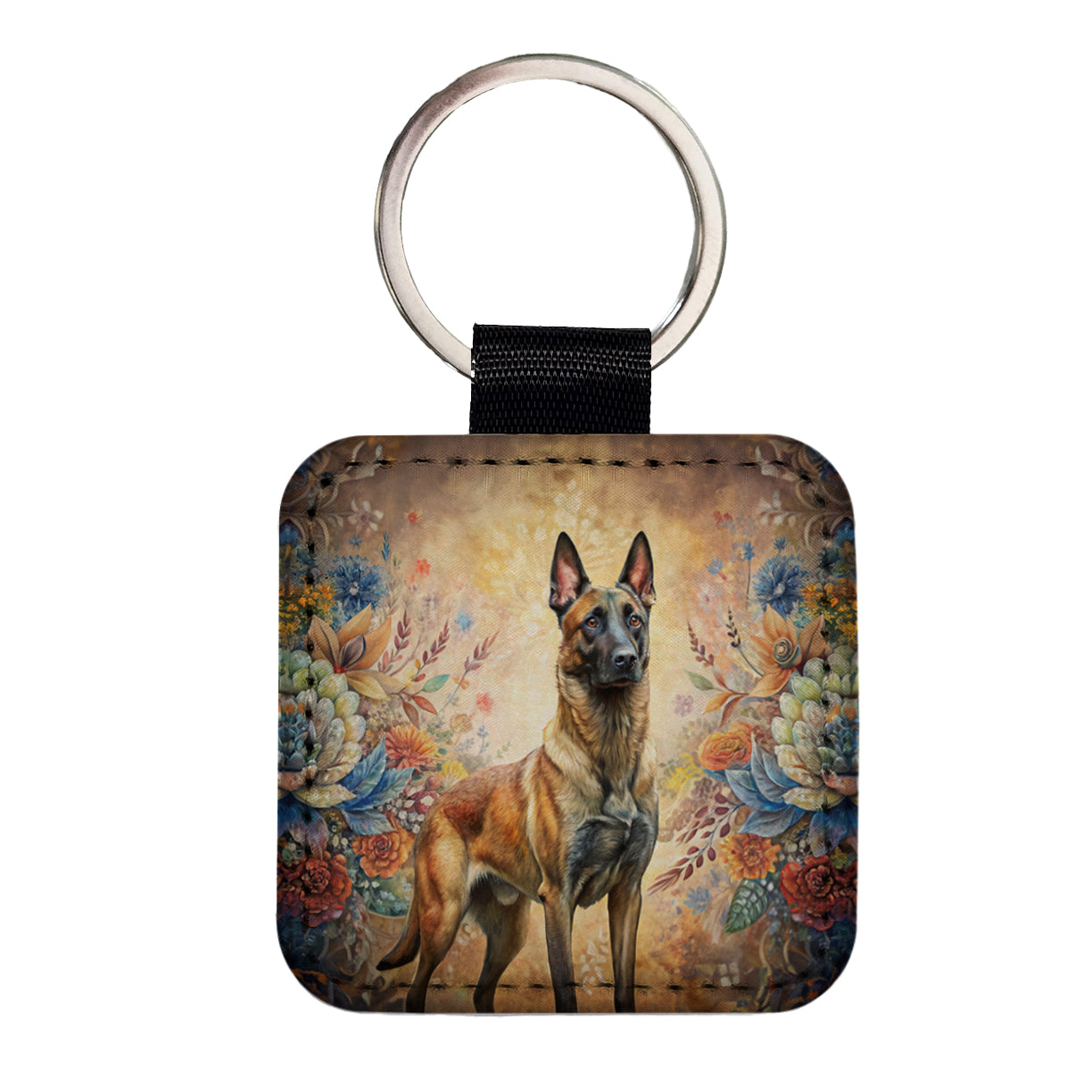 Belgian Malinois Dog French Bohemian Art Square Faux Leather Keychain