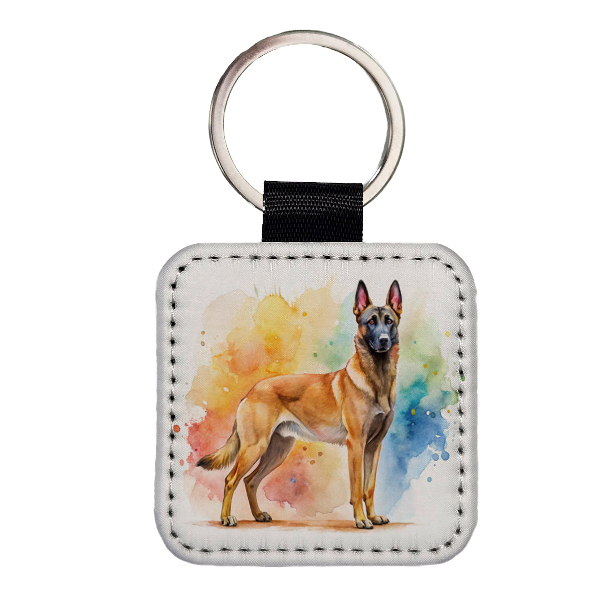 Belgian Malinois Dog Watercolor Style Square Faux Leather Keychain