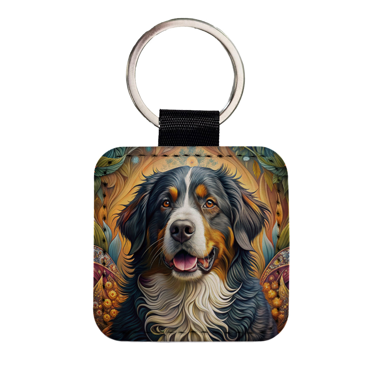 Bernese Mountain Dog Bohemian Art Square Faux Leather Keychain