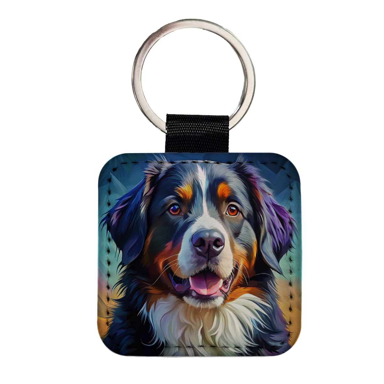 Bernese Mountain Dog Pop Art Square Faux Leather Keychain
