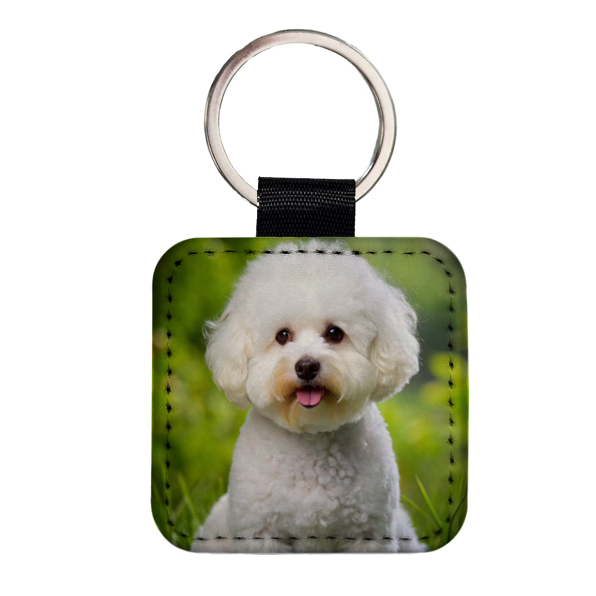 Bichon Frise Dog Photo Square Faux Leather Keychain