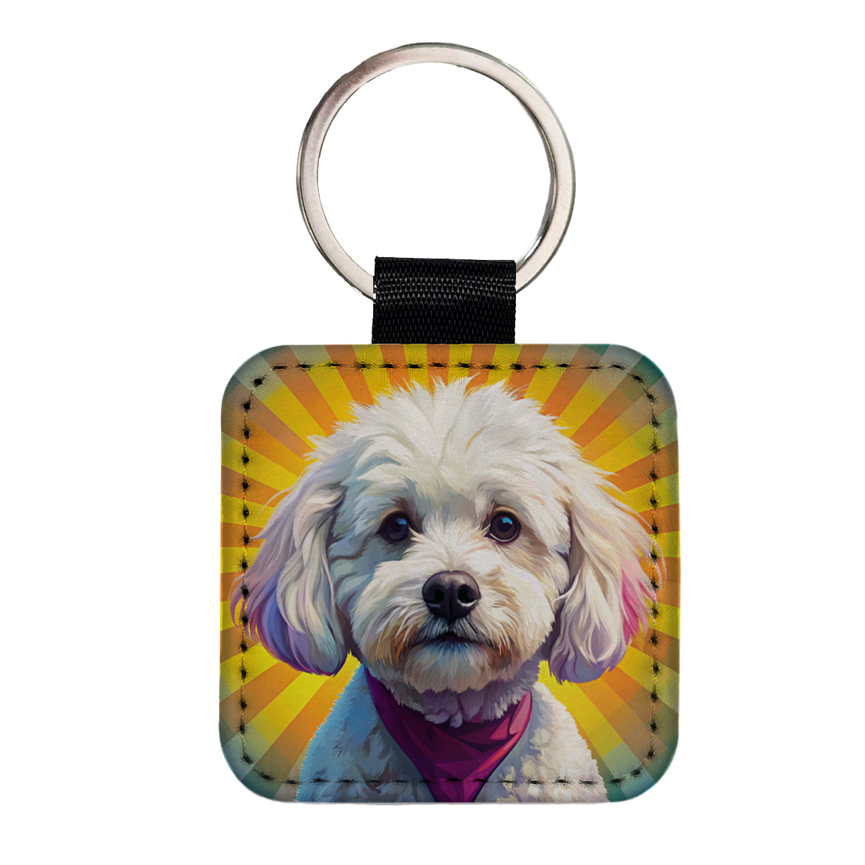 Bichon Frise Dog Pop Art Square Faux Leather Keychain
