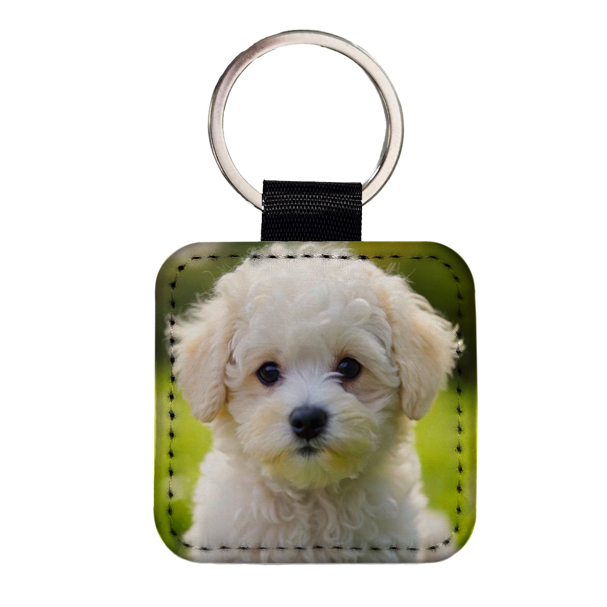 Bichon Frise Dog Puppy Photo Square Faux Leather Keychain
