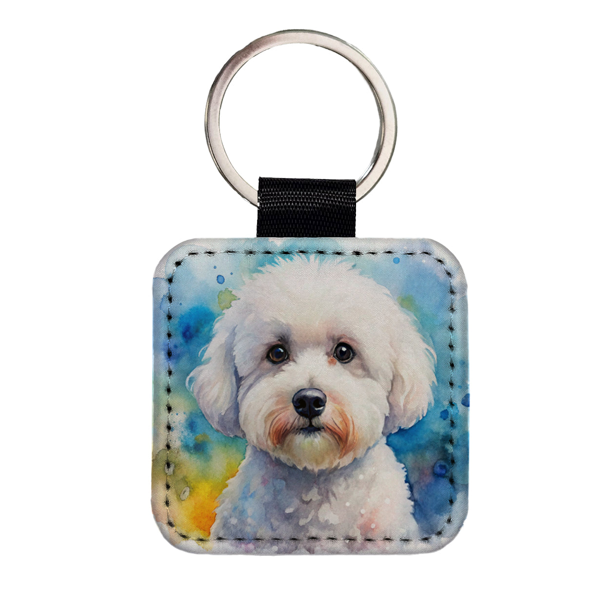 Bichon Frise Dog Watercolor Style Square Faux Leather Keychain