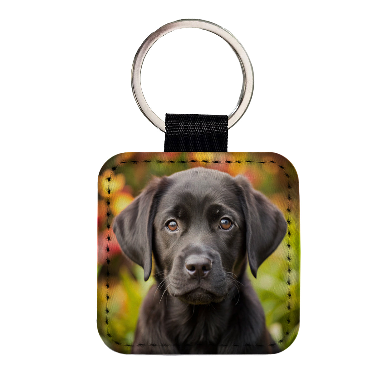 Black Labrador Retriever Dog Puppy Photo Square Faux Leather Keychain