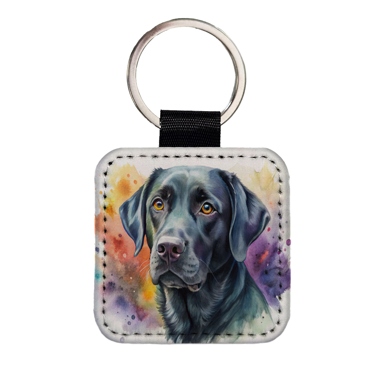 Black Labrador Retriever Dog Watercolor Style Square Faux Leather Keychain