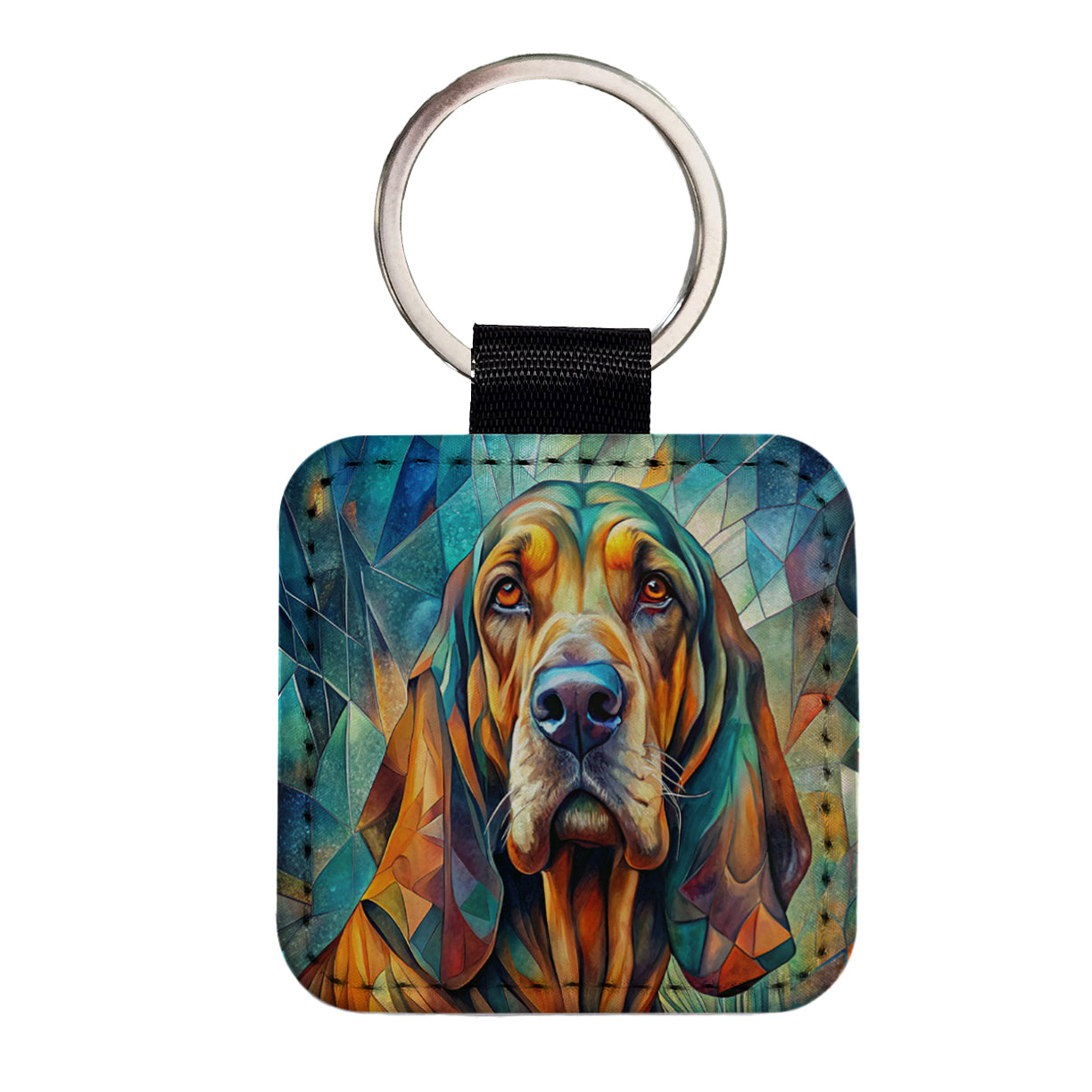 Bloodhound Dog Abstract Art Square Faux Leather Keychain