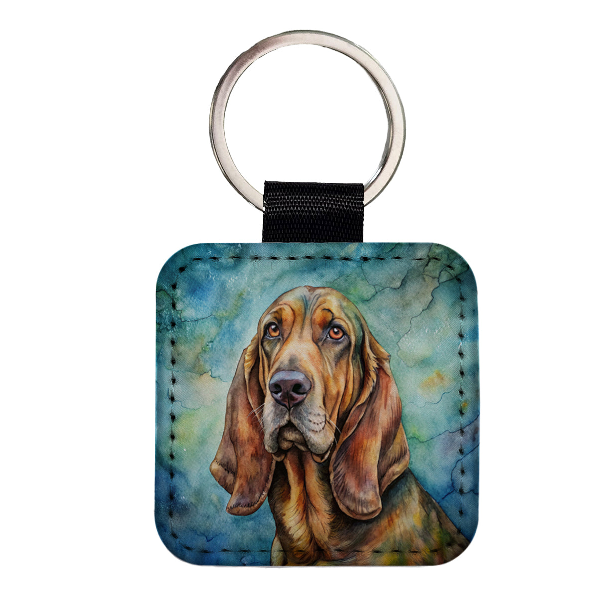 Bloodhound Dog Illustration Square Faux Leather Keychain