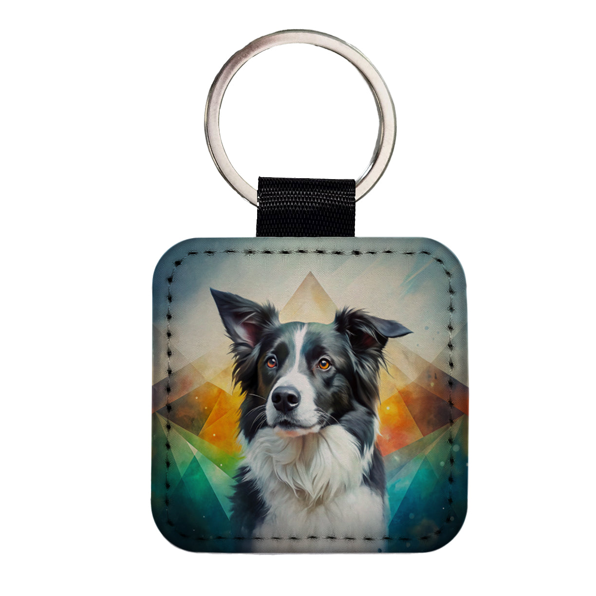 Border Collie Dog Contemporary Art Square Faux Leather Keychain