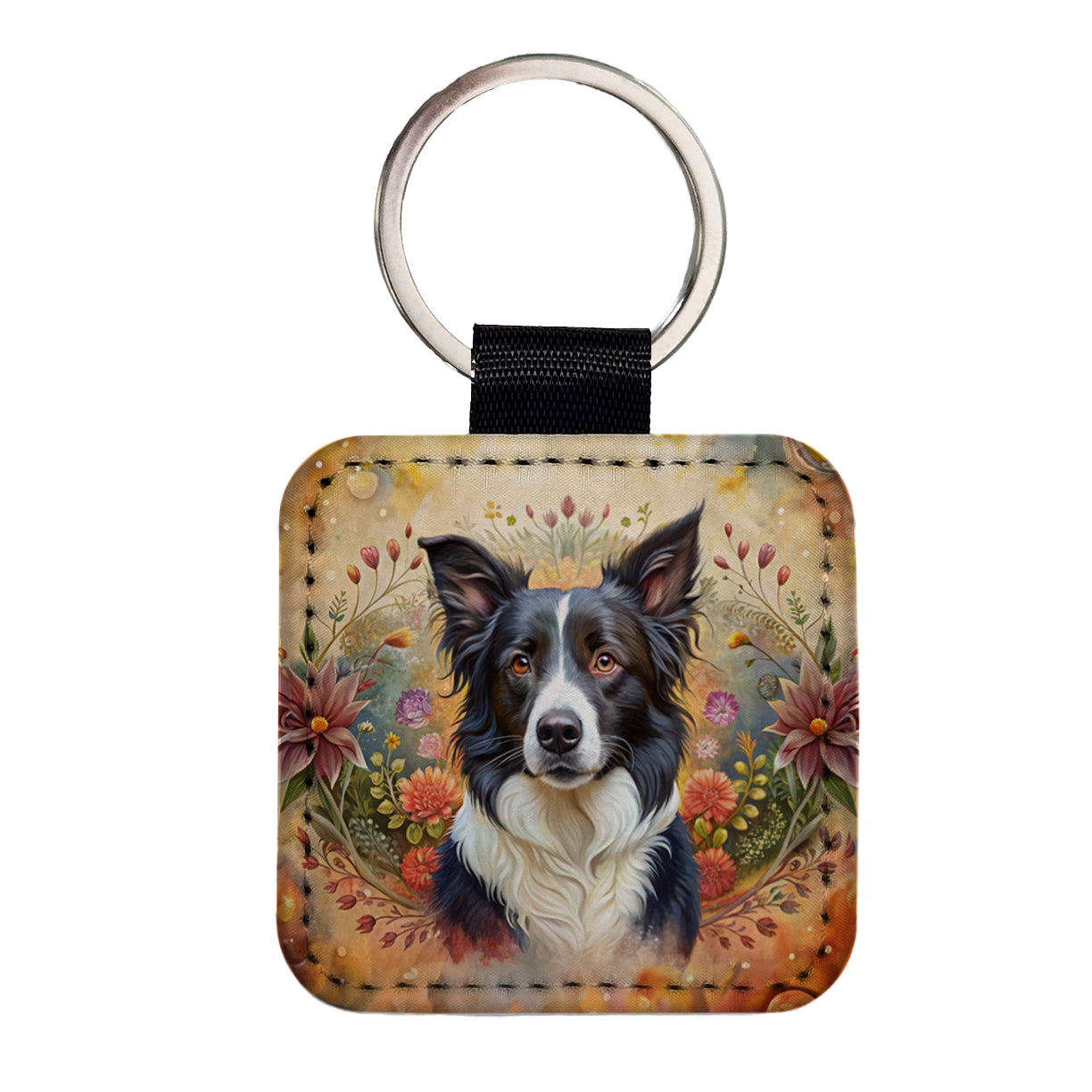 Border Collie Dog French Bohemian Art Square Faux Leather Keychain