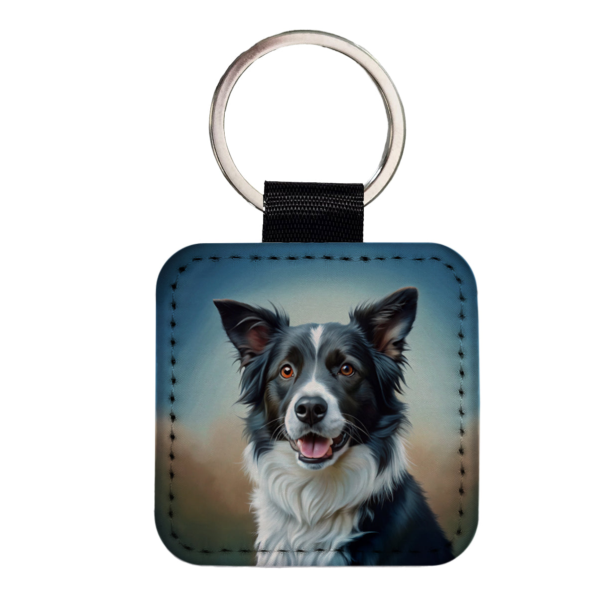 Border Collie Dog Illustration Square Faux Leather Keychain