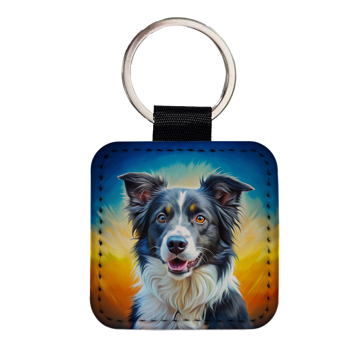 Border Collie Dog Pop Art Square Faux Leather Keychain