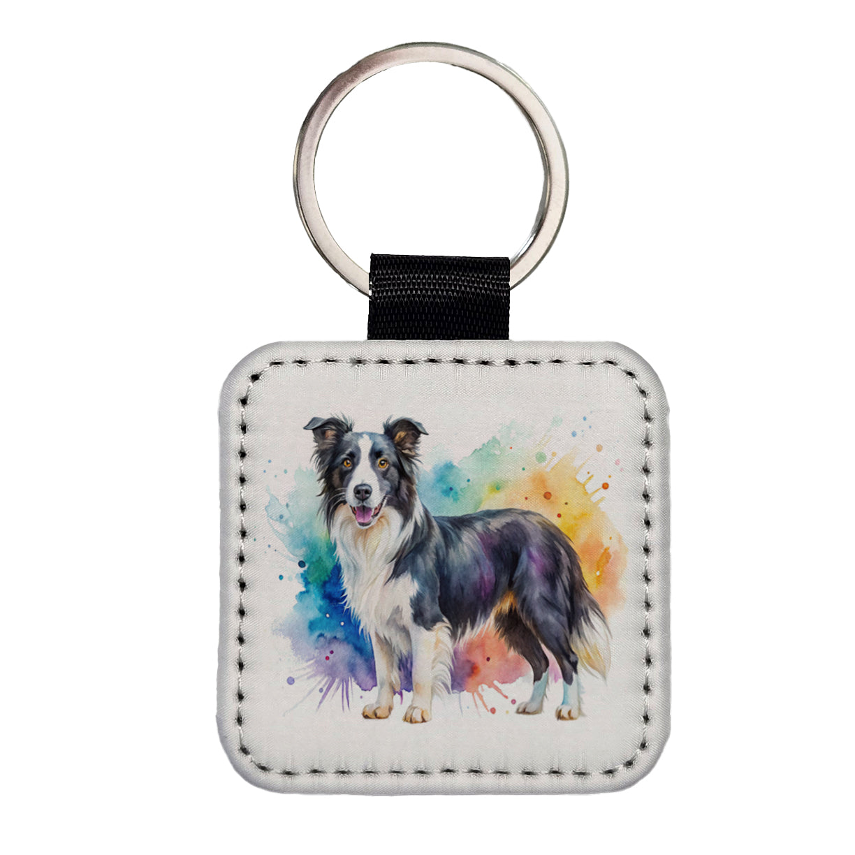 Border Collie Dog Watercolor Style Square Faux Leather Keychain