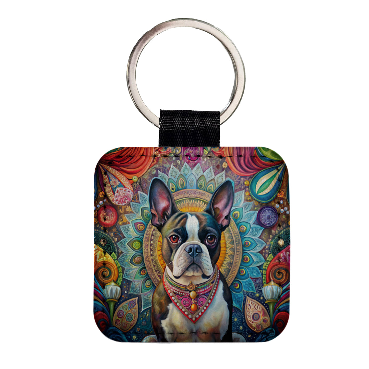 Boston Terrier Dog Bohemian Art Square Faux Leather Keychain