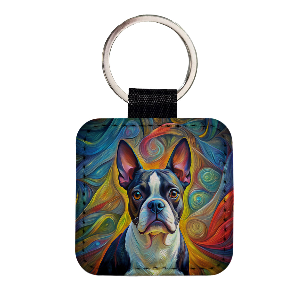 Boston Terrier Dog Expressionism Art Square Faux Leather Keychain