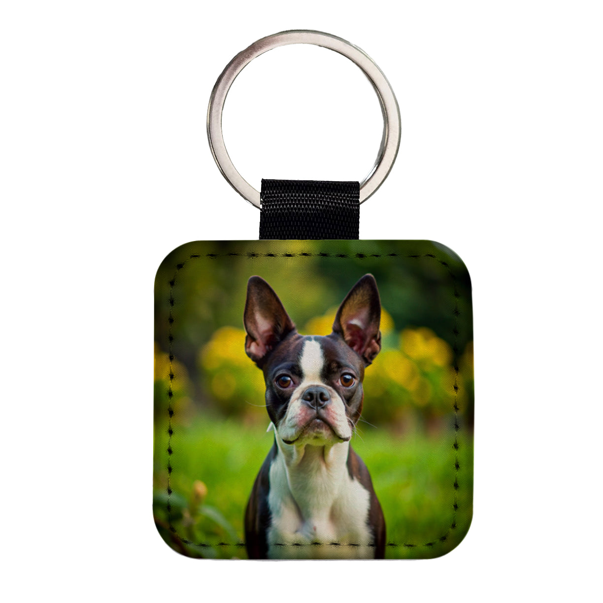 Boston Terrier Dog Photo Square Faux Leather Keychain
