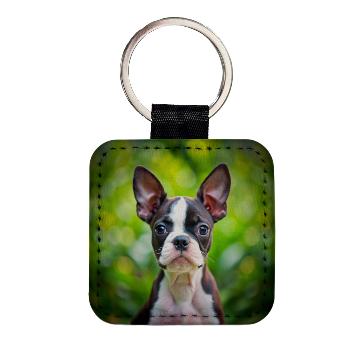 Boston Terrier Dog Puppy Photo Square Faux Leather Keychain