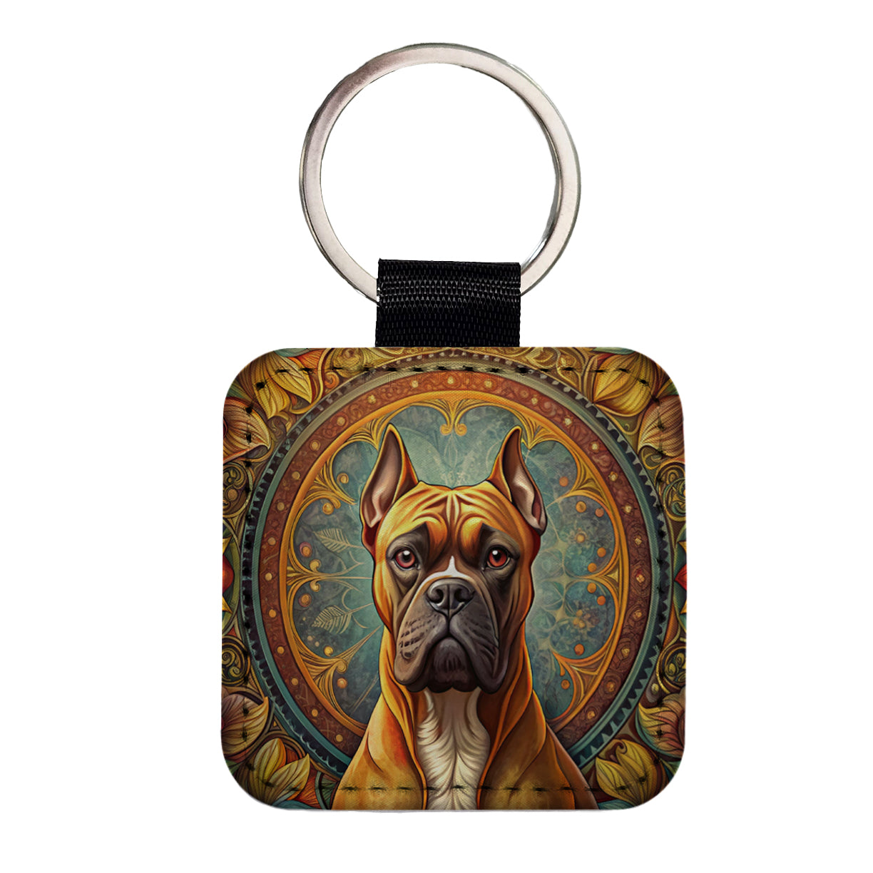 Boxer Dog Art Nouveau Square Faux Leather Keychain