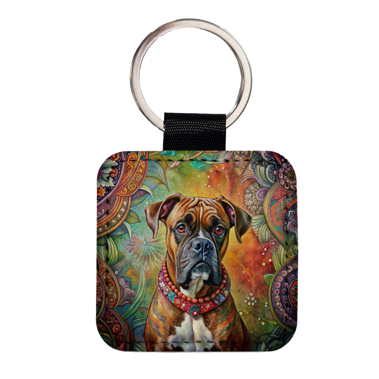 Boxer Dog Bohemian Art Square Faux Leather Keychain