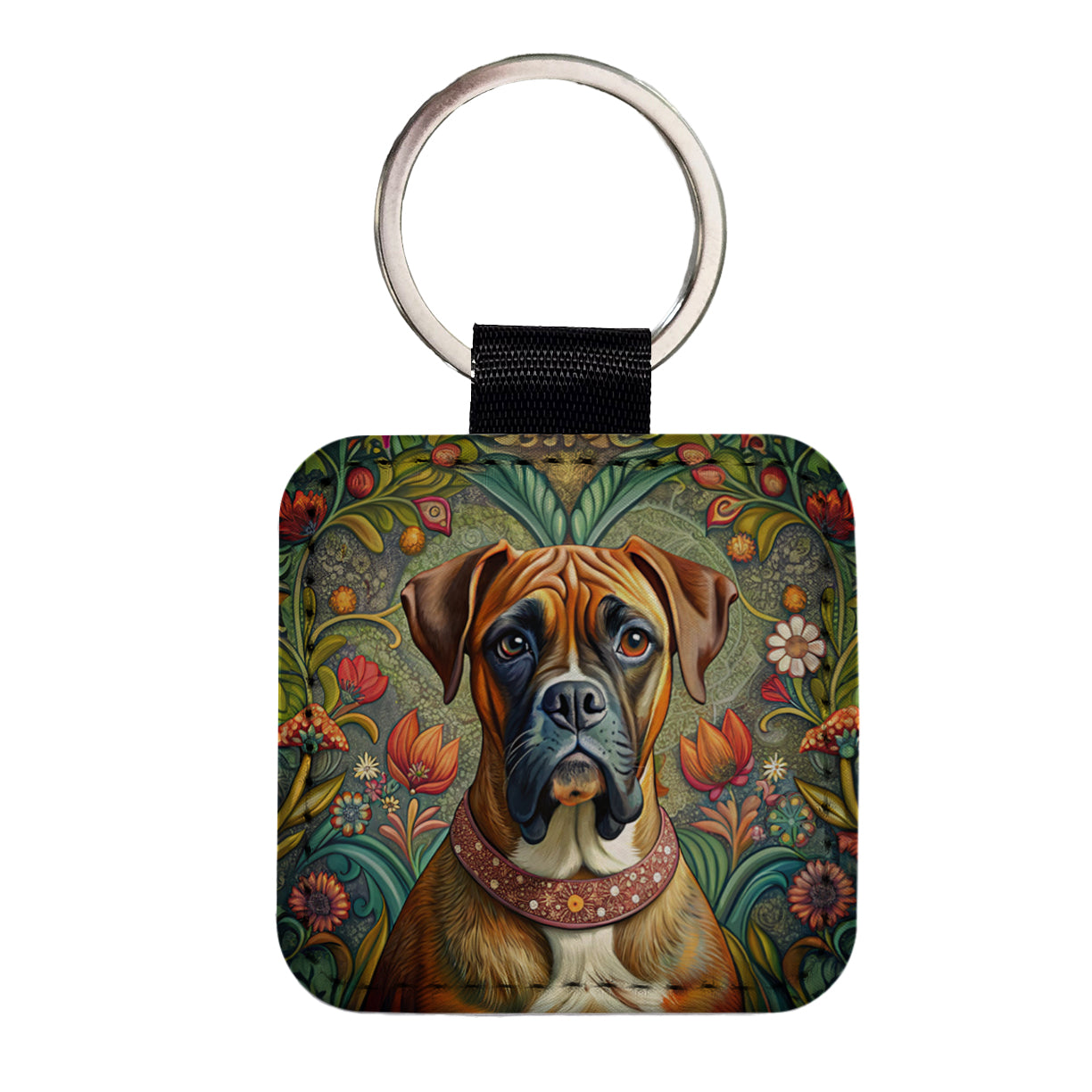 Boxer Dog French Bohemian Art Square Faux Leather Keychain