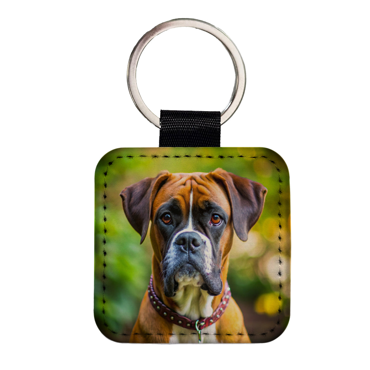 Boxer Dog Photo Square Faux Leather Keychain