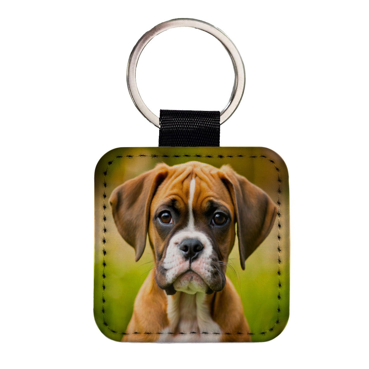 Boxer Dog Puppy Photo Square Faux Leather Keychain