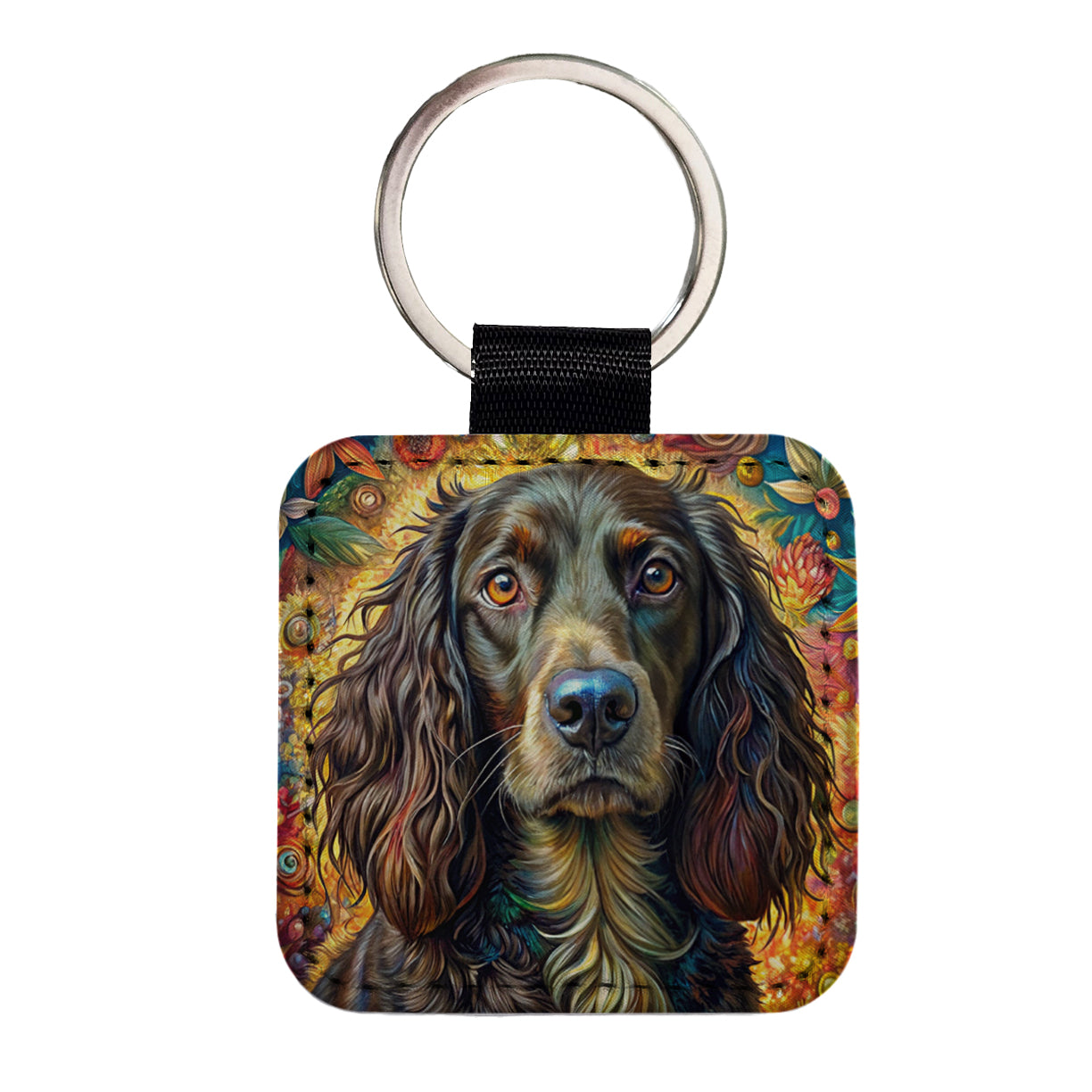 Boykin Spaniel Dog French Bohemian Art Square Faux Leather Keychain