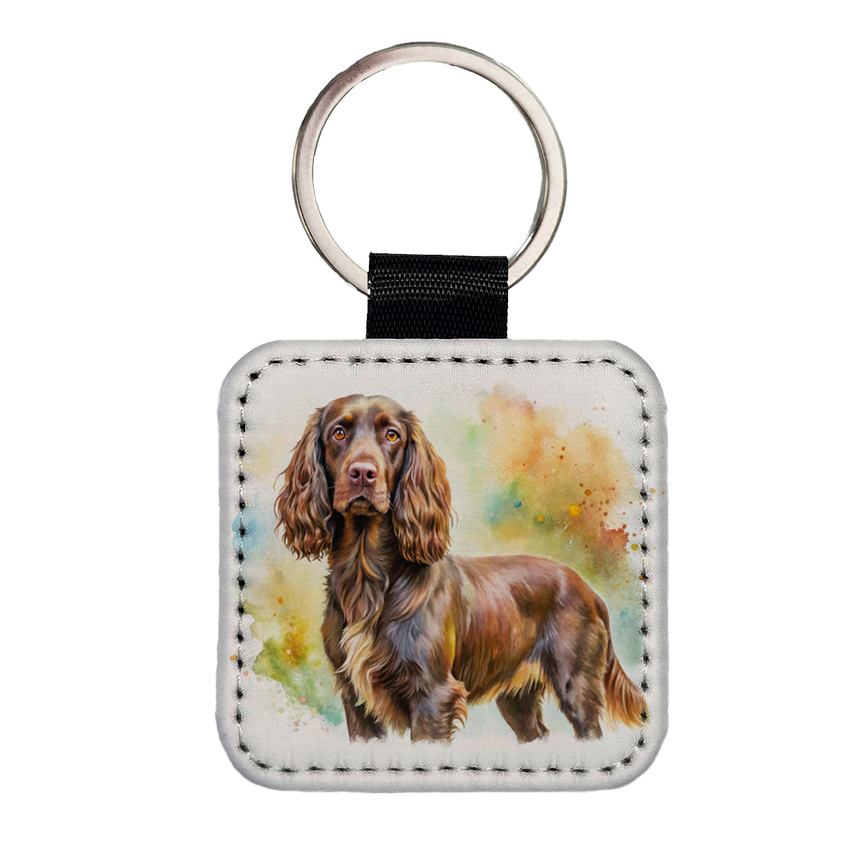 Boykin Spaniel Dog Watercolor Style Square Faux Leather Keychain
