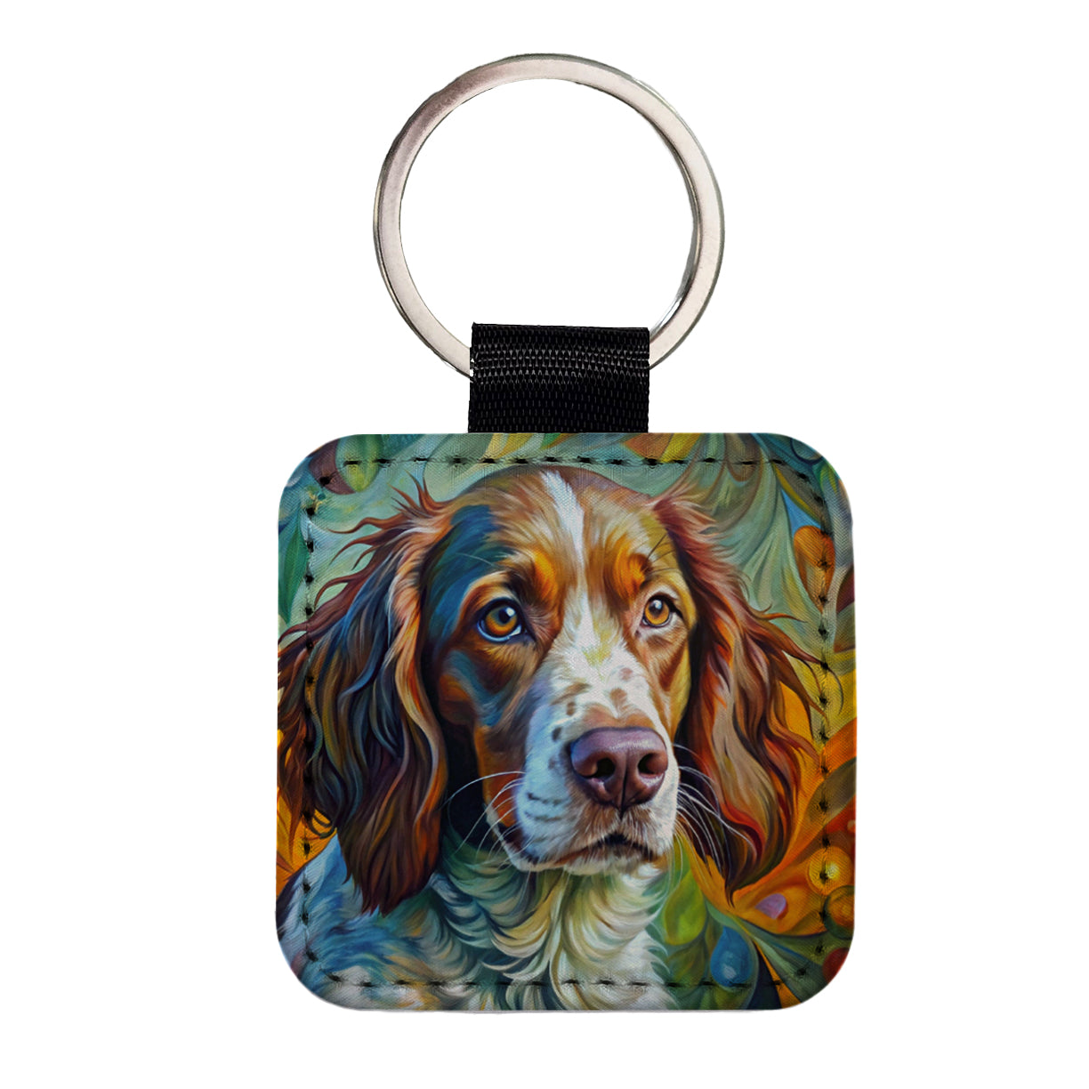 Brittany Spaniel Dog Abstract Art Square Faux Leather Keychain