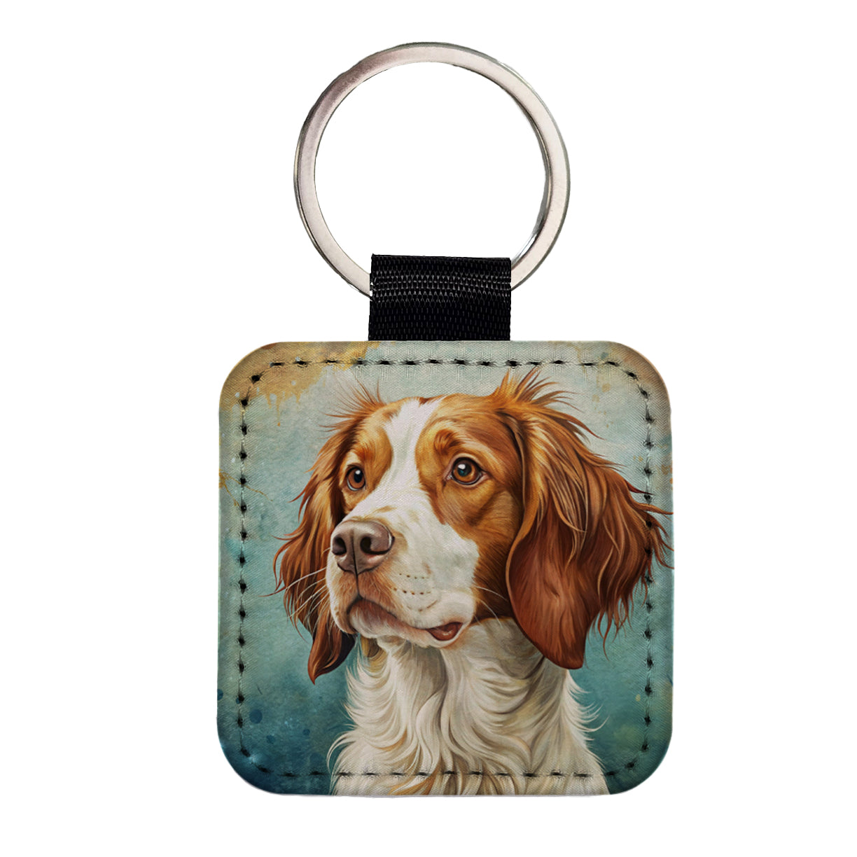 Brittany Spaniel Dog Art Nouveau Square Faux Leather Keychain
