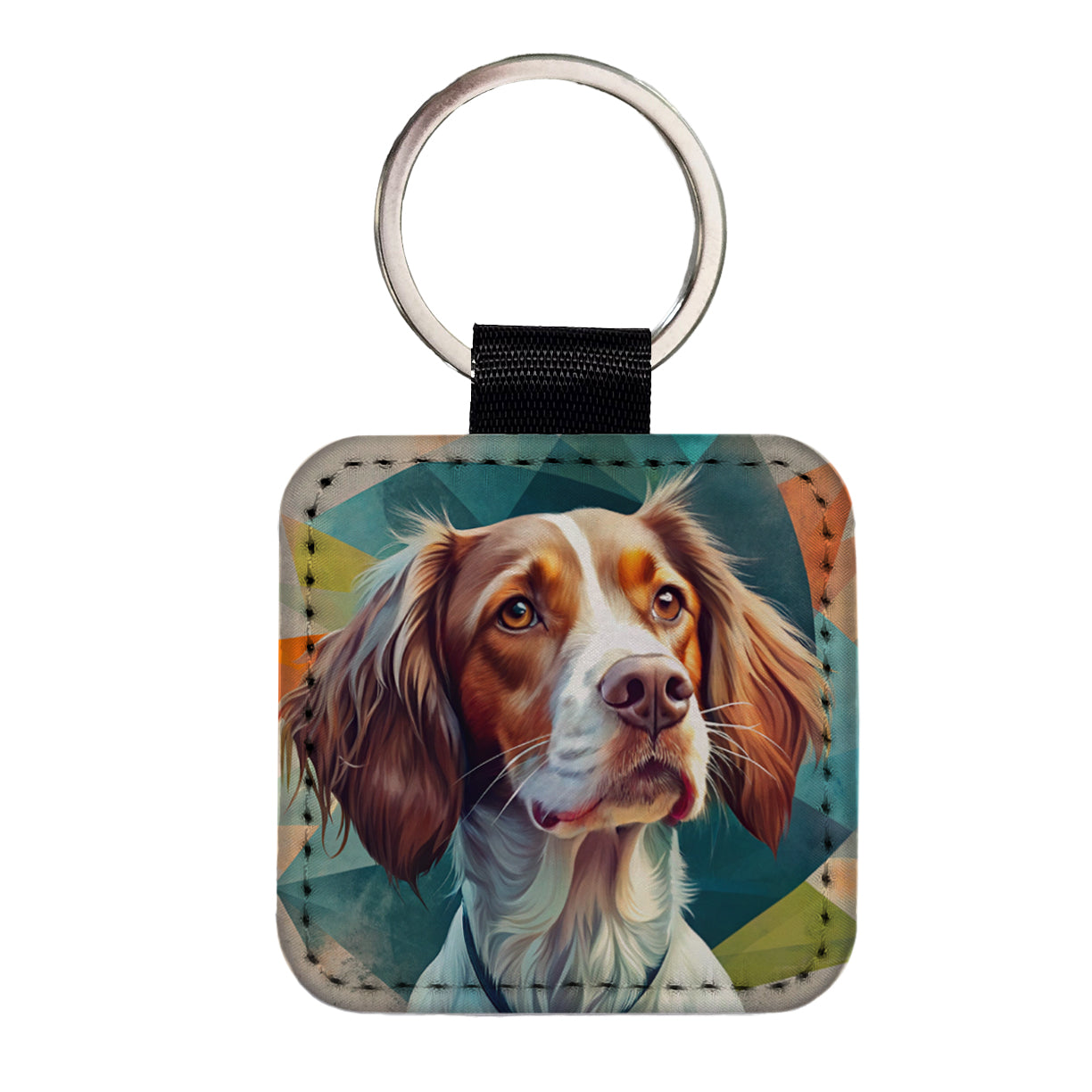 Brittany Spaniel Dog Contemporary Art Square Faux Leather Keychain