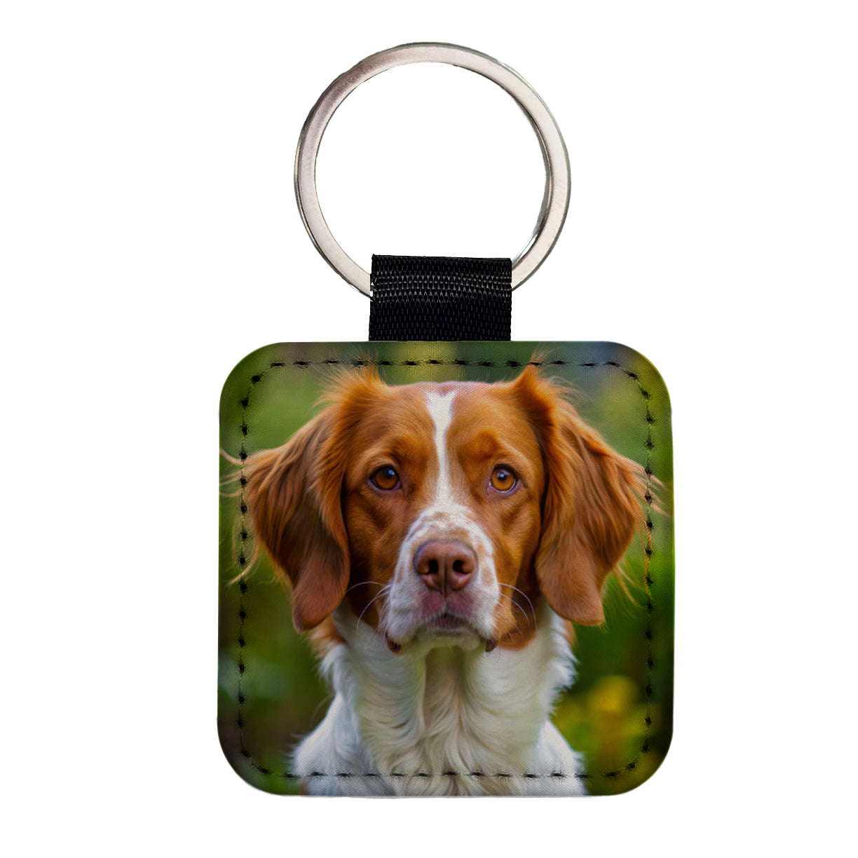 Brittany Spaniel Dog Photo Square Faux Leather Keychain