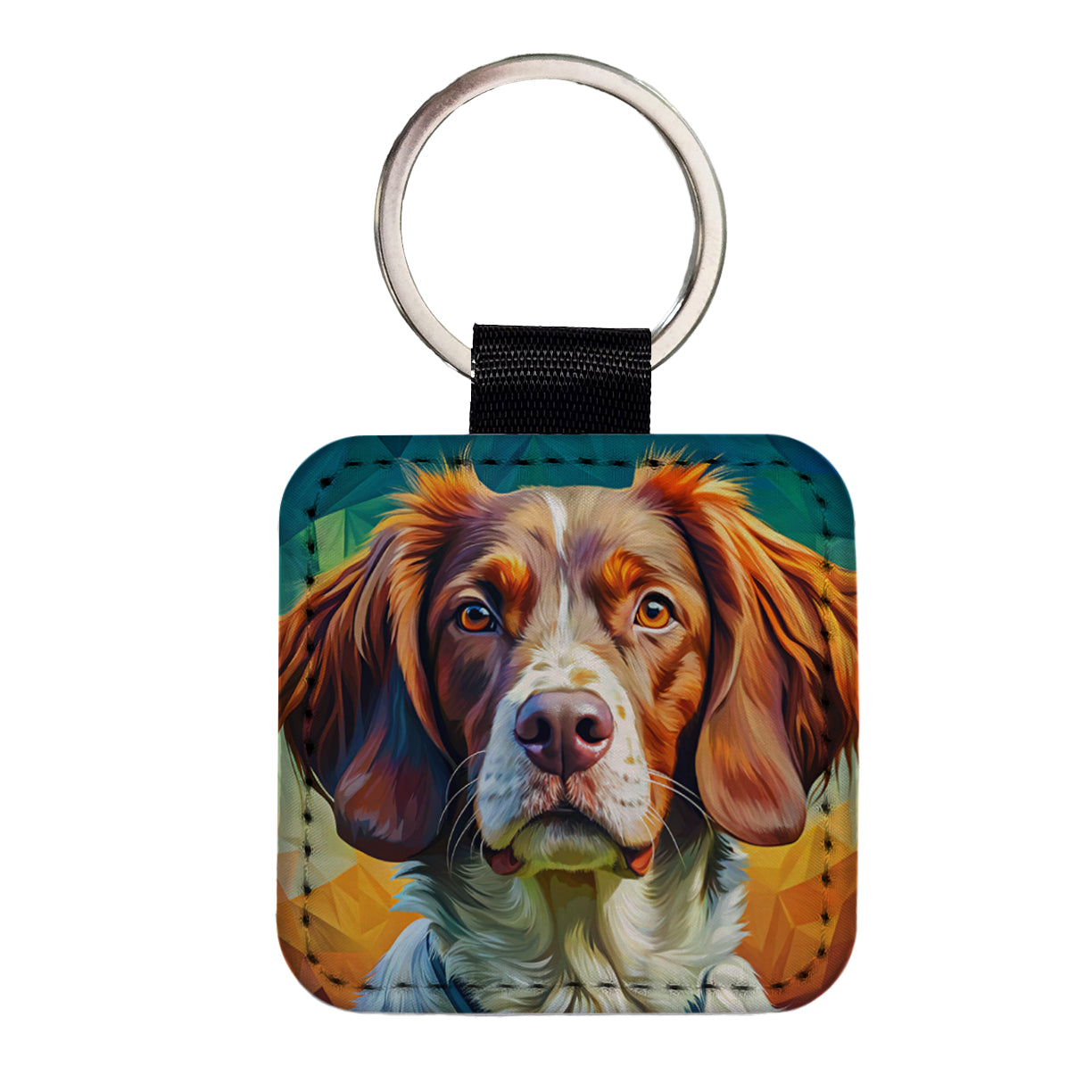 Brittany Spaniel Dog Pop Art Square Faux Leather Keychain