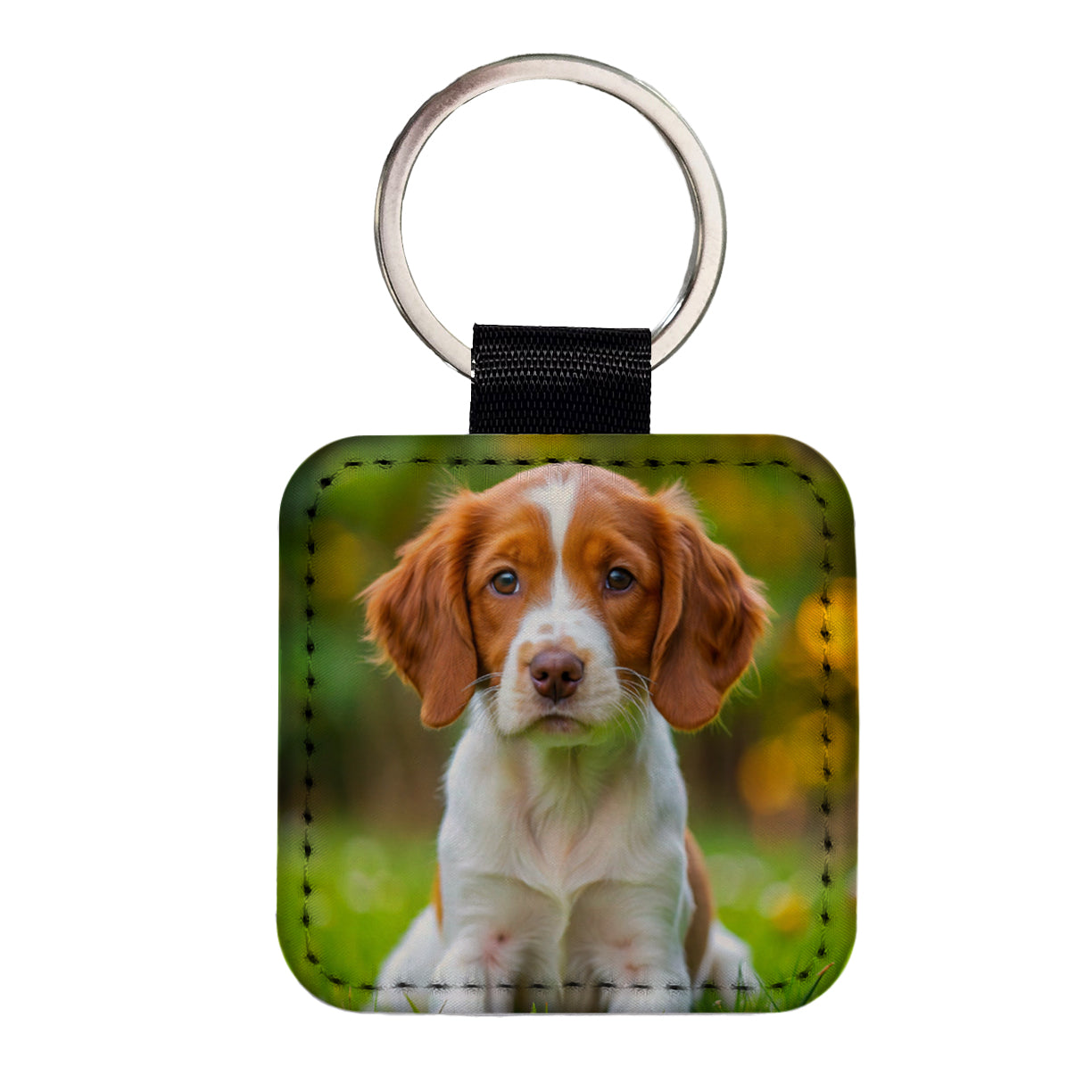 Brittany Spaniel Dog Puppy Photo Square Faux Leather Keychain