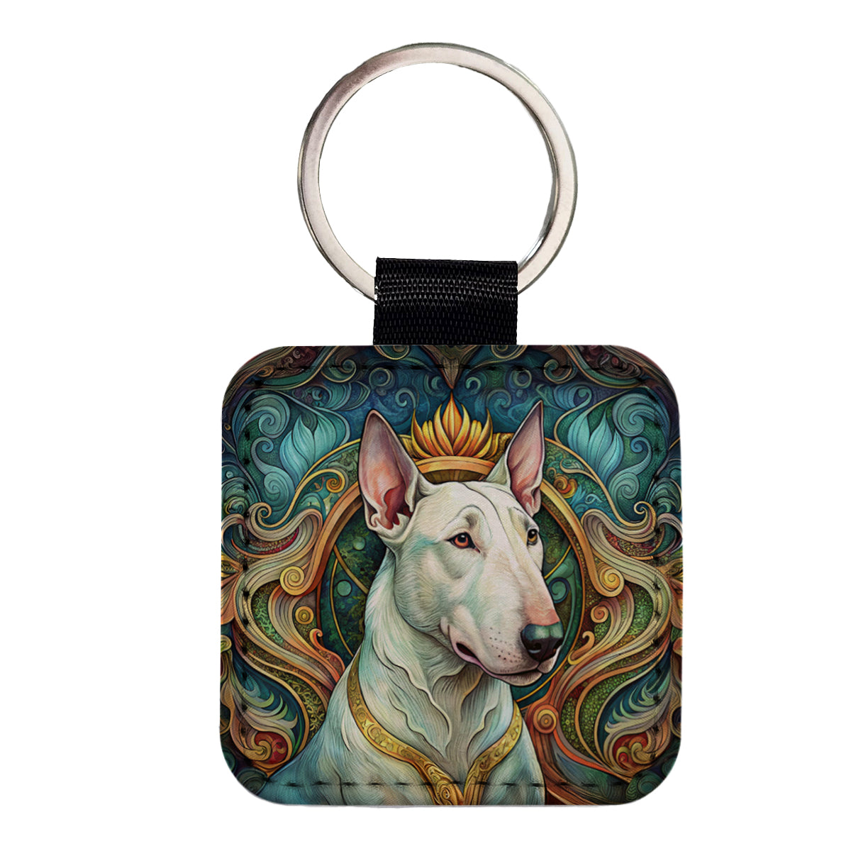 Bull Terrier Dog Art Nouveau Square Faux Leather Keychain
