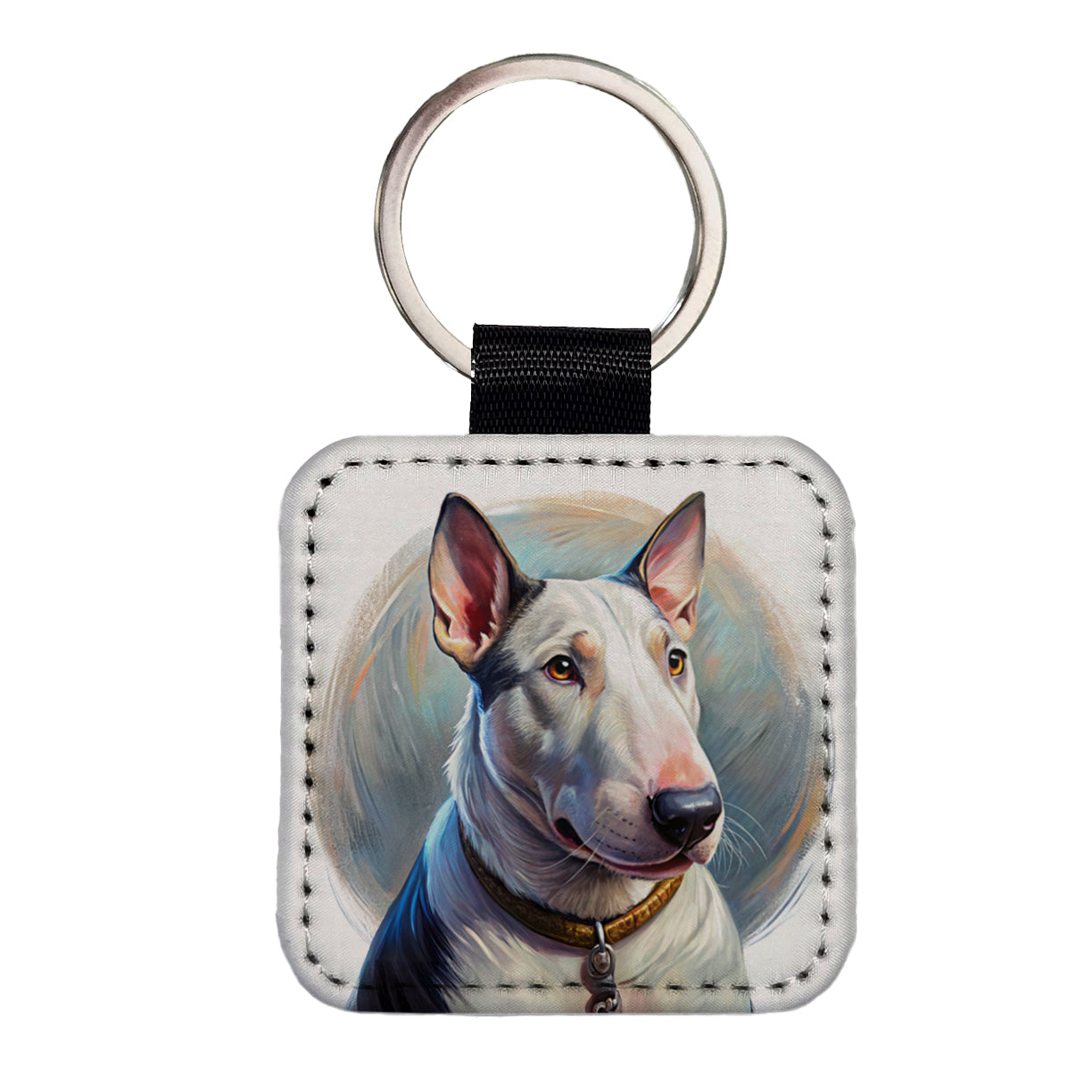 Bull Terrier Dog Illustration Square Faux Leather Keychain