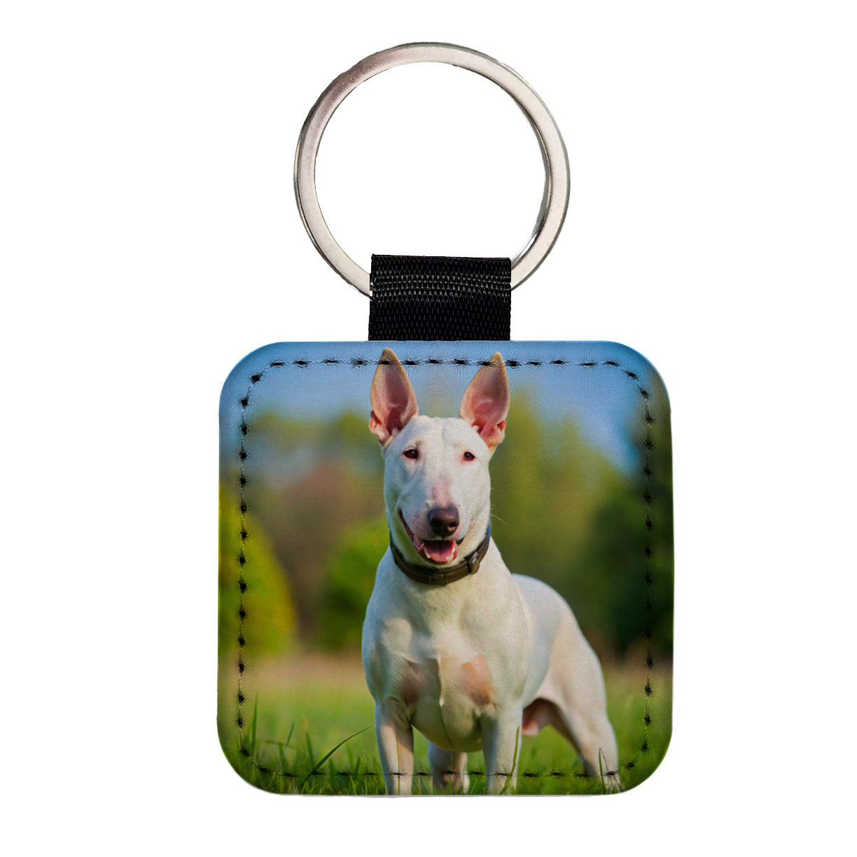 Bull Terrier Dog Photo Square Faux Leather Keychain