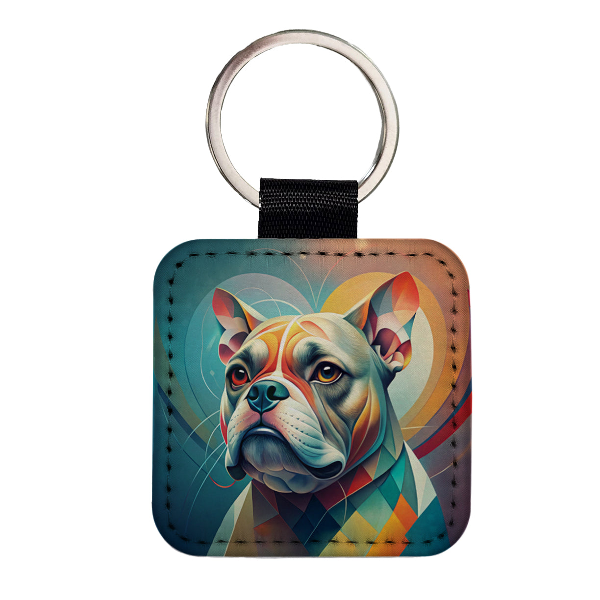 Bulldog Dog Abstract Stylized Art Square Faux Leather Keychain