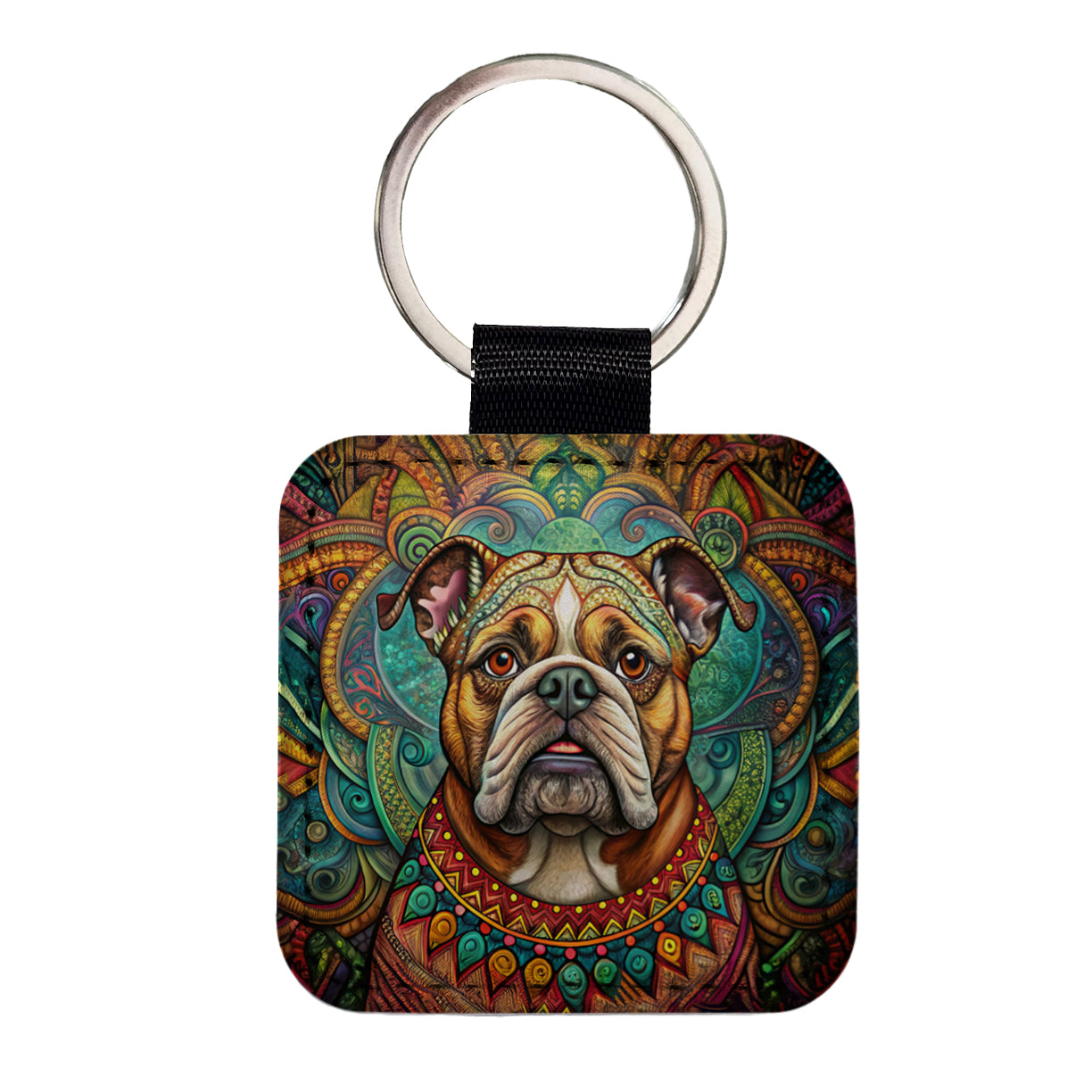 Bulldog Dog Bohemian Art Square Faux Leather Keychain