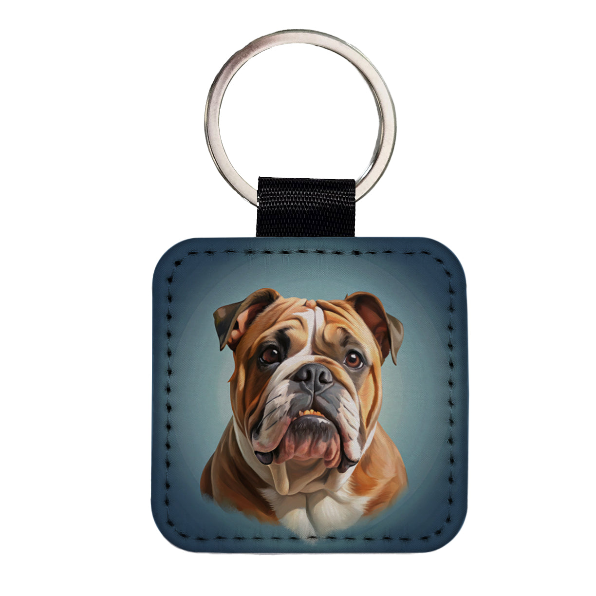 Bulldog Dog Illustration Square Faux Leather Keychain